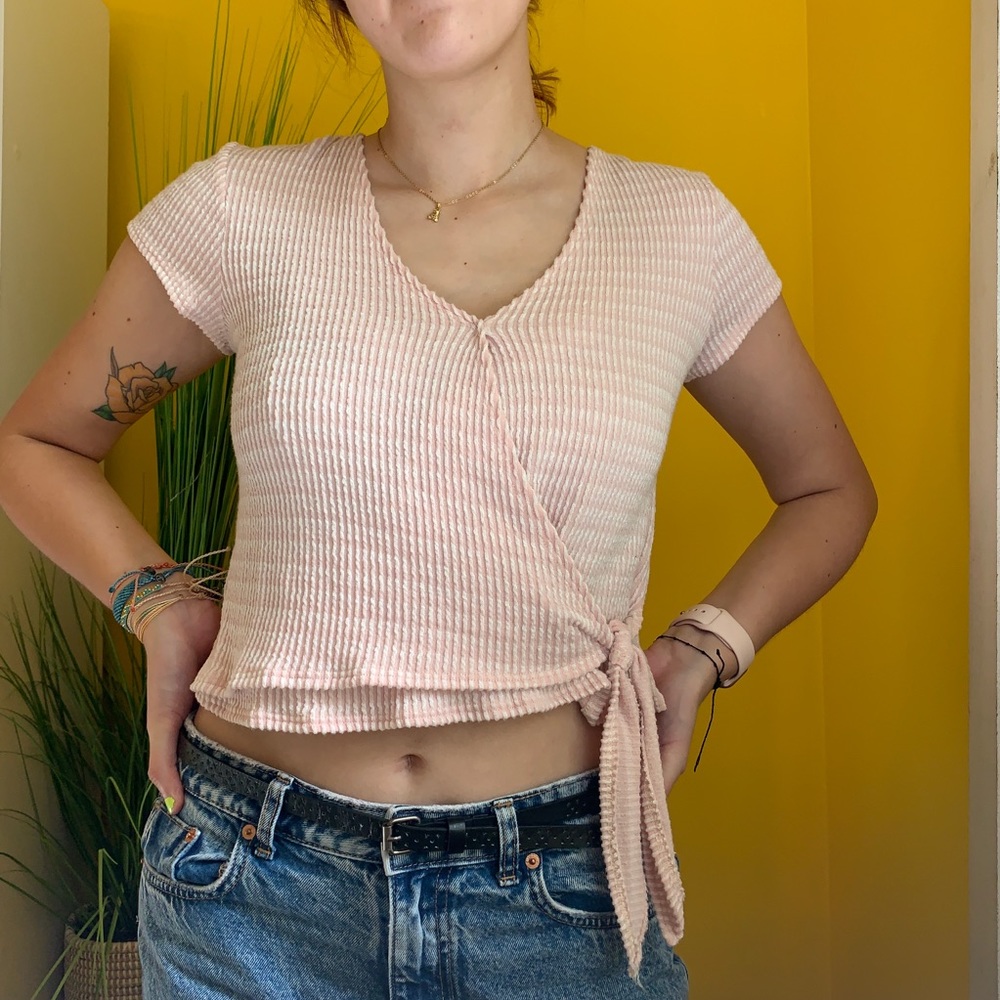 Pink Ribbed Tie Top - Picture 2 of 5
